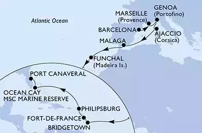 Barcelona,Marseille,Genoa,Ajaccio,Malaga,Funchal,Bridgetown,Fort de France,Philipsburg,Ocean Cay,Port Canaveral