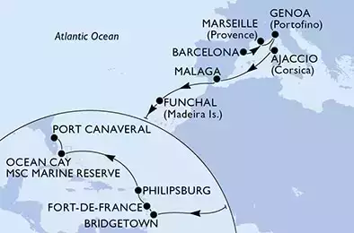 MSC MERAVIGLIA - Itinerario di 19 notti partendo da BARCELONA, SPAIN il 24/09/2022 - Barcelona,Marseille,Genoa,Ajaccio,Malaga,Funchal,Bridgetown,Fort de France,Philipsburg,Ocean Cay,Port Canaveral