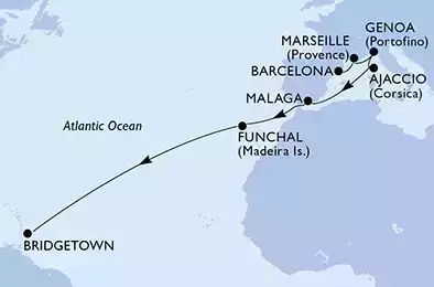 Barcelona,Marseille,Genoa,Ajaccio,Malaga,Funchal,Bridgetown
