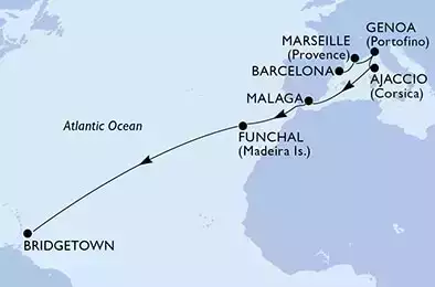 MSC MERAVIGLIA - Itinerario di 13 notti partendo da BARCELONA, SPAIN il 24/09/2022 - Barcelona,Marseille,Genoa,Ajaccio,Malaga,Funchal,Bridgetown