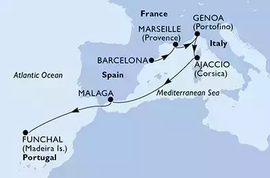 Barcelona,Marseille,Genoa,Ajaccio,Malaga,Funchal