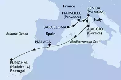 MSC MERAVIGLIA - Itinerario di 7 notti partendo da BARCELONA, SPAIN il 24/09/2022 - Barcelona,Marseille,Genoa,Ajaccio,Malaga,Funchal