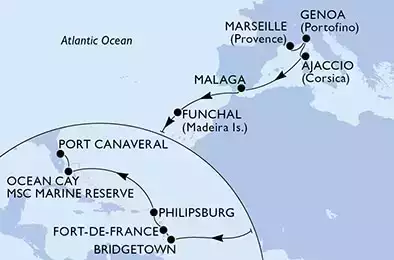 Marseille,Genoa,Ajaccio,Malaga,Funchal,Bridgetown,Fort de France,Philipsburg,Ocean Cay,Port Canaveral