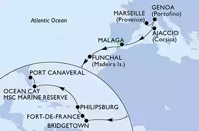 MSC MERAVIGLIA - Itinerario di 18 notti partendo da MARSEILLE, FRANCE il 25/09/2022 - Marseille,Genoa,Ajaccio,Malaga,Funchal,Bridgetown,Fort de France,Philipsburg,Ocean Cay,Port Canaveral