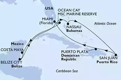 Miami,Ocean Cay,Costa Maya,Belize City,Miami,Ocean Cay,Nassau,San Juan,Puerto Plata,Miami