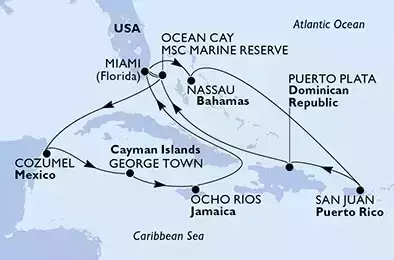Miami,Nassau,San Juan,Puerto Plata,Ocean Cay,Miami,Ocean Cay,Cozumel,George Town,Ocho Rios,Miami