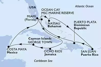 Miami,Ocean Cay,Ocho Rios,George Town,Costa Maya,Miami,Ocean Cay,Nassau,San Juan,Puerto Plata,Miami