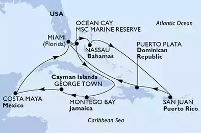 Miami,Ocean Cay,Montego Bay,George Town,Costa Maya,Miami,Ocean Cay,Nassau,San Juan,Puerto Plata,Miami