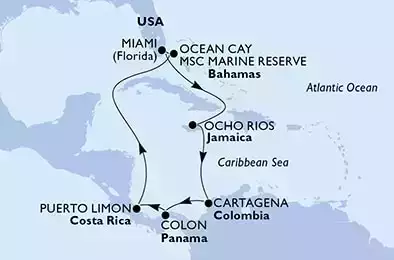 Miami,Ocho Rios,Cartagena,Colon,Puerto Limon,Ocean Cay,Miami