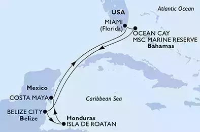 Miami,Ocean Cay,Belize City,Isla de Roatan,Costa Maya,Miami