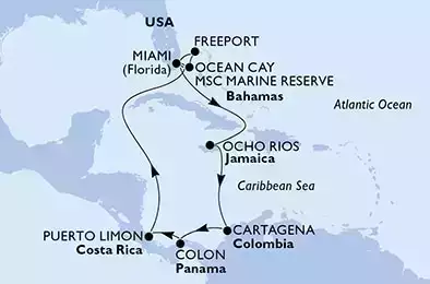 Miami,Freeport,Ocean Cay,Ocean Cay,Miami,Ocho Rios,Cartagena,Colon,Puerto Limon,Ocean Cay,Miami