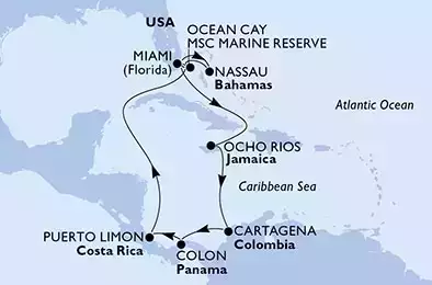 Miami,Nassau,Ocean Cay,Ocean Cay,Miami,Ocho Rios,Cartagena,Colon,Puerto Limon,Ocean Cay,Miami