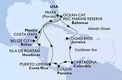 Miami,Belize City,Isla de Roatan,Costa Maya,Ocean Cay,Miami,Ocho Rios,Cartagena,Colon,Puerto Limon,Ocean Cay,Miami