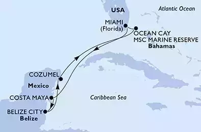 Miami,Costa Maya,Belize City,Cozumel,Ocean Cay,Miami