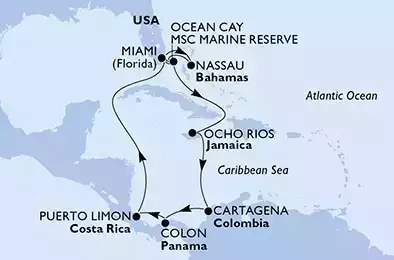Miami,Ocean Cay,Ocho Rios,Cartagena,Colon,Puerto Limon,Miami,Nassau,Ocean Cay,Ocean Cay,Miami