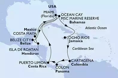 Miami,Ocean Cay,Belize City,Isla de Roatan,Costa Maya,Miami,Ocean Cay,Ocho Rios,Cartagena,Colon,Puerto Limon,Miami