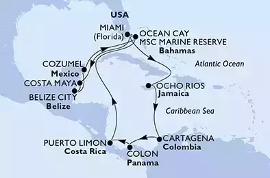 Miami,Costa Maya,Belize City,Cozumel,Ocean Cay,Miami,Ocho Rios,Cartagena,Colon,Puerto Limon,Ocean Cay,Miami