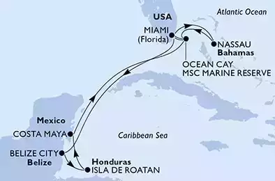 Miami,Nassau,Ocean Cay,Ocean Cay,Miami,Belize City,Isla de Roatan,Costa Maya,Ocean Cay,Miami