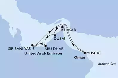 Abu Dhabi,Sir Bani Yas,Muscat,Khasab,Dubai,Dubai,Abu Dhabi