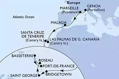 Genoa,Marseille,Malaga,Las Palmas de G.Canaria,Santa Cruz de Tenerife,Bridgetown,Saint George,Roseau,Basseterre,Fort de France