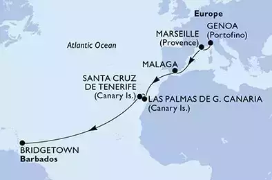 Genoa,Marseille,Malaga,Las Palmas de G.Canaria,Santa Cruz de Tenerife,Bridgetown