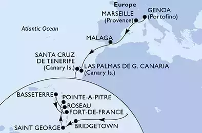 Genoa,Marseille,Malaga,Las Palmas de G.Canaria,Santa Cruz de Tenerife,Bridgetown,Saint George,Roseau,Basseterre,Fort de France,Pointe-a-Pitre