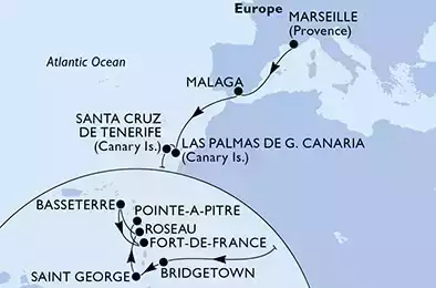 Marseille,Malaga,Las Palmas de G.Canaria,Santa Cruz de Tenerife,Bridgetown,Saint George,Roseau,Basseterre,Fort de France,Pointe-a-Pitre