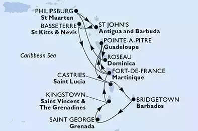 MSC SEASIDE - Itinerario di 14 notti partendo da FORT DE FRANCE, MARTINIQUE il 28/01/2023 - Fort de France,Pointe-a-Pitre,Roseau,Philipsburg,St John s,Basseterre,Fort de France,Pointe-a-Pitre,Castries,Bridgetown,Saint George,Kingstown,Fort de France