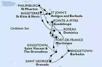 Bridgetown,Saint George,Kingstown,Fort de France,Pointe-a-Pitre,Philipsburg,St John s,Basseterre,Roseau,Fort de France,Pointe-a-Pitre,Bridgetown
