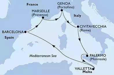 Civitavecchia,Palermo,Valletta,Barcelona,Marseille,Genoa,Civitavecchia