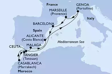 Genoa,Marseille,Barcelona,Tangier,Casablanca,Ceuta,Malaga,Alicante,Genoa