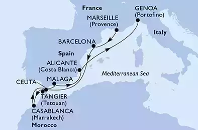 Marseille,Barcelona,Tangier,Casablanca,Ceuta,Malaga,Alicante,Genoa