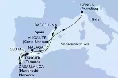 Barcelona,Tangier,Casablanca,Ceuta,Malaga,Alicante,Genoa