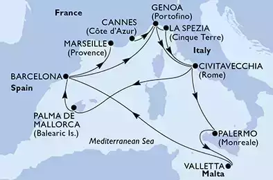 Cannes,Genoa,La Spezia,Civitavecchia,Palma de Mallorca,Barcelona,Genoa,Civitavecchia,Palermo,Valletta,Barcelona,Marseille
