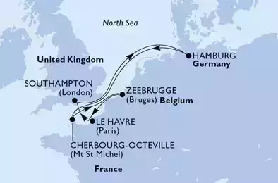 Hamburg,Cherbourg,Zeebrugge,Le Havre,Southampton,Hamburg