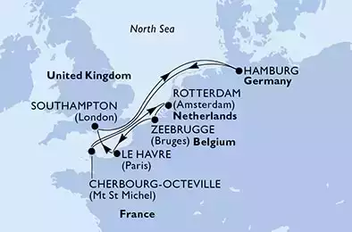 Zeebrugge,Le Havre,Southampton,Hamburg,Cherbourg,Rotterdam,Zeebrugge
