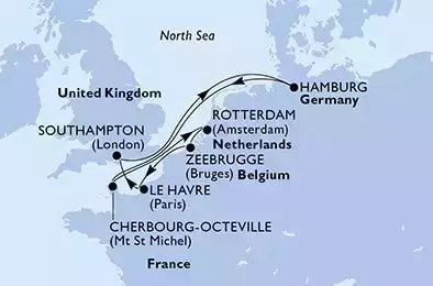 Southampton,Hamburg,Cherbourg,Rotterdam,Zeebrugge,Le Havre,Southampton
