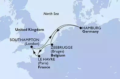 Southampton,Hamburg,Zeebrugge,Le Havre,Southampton