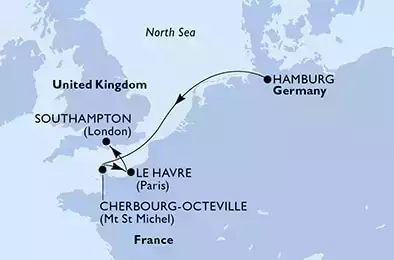 MSC PREZIOSA - Itinerario di 5 notti partendo da HAMBURG, GERMANY il 03/10/2022 - Hamburg,Cherbourg,Le Havre,Le Havre,Southampton