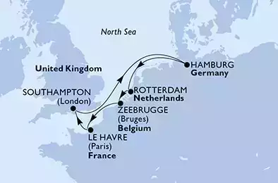 Le Havre,Southampton,Hamburg,Rotterdam,Zeebrugge,Le Havre