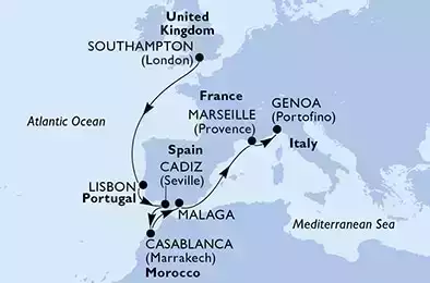 Southampton,Lisbon,Cadiz,Casablanca,Malaga,Marseille,Genoa