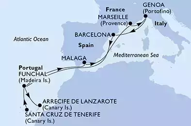 Santa Cruz de Tenerife,Funchal,Malaga,Marseille,Genoa,Barcelona,Funchal,Arrecife de Lanzarote