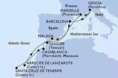 Arrecife de Lanzarote,Tangier,Malaga,Marseille,Genoa,Barcelona,Casablanca,Santa Cruz de Tenerife