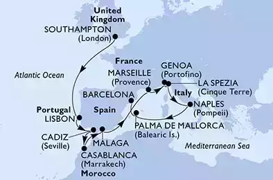 Southampton,Lisbon,Cadiz,Casablanca,Malaga,Marseille,Genoa,La Spezia,Naples,Palma de Mallorca,Barcelona