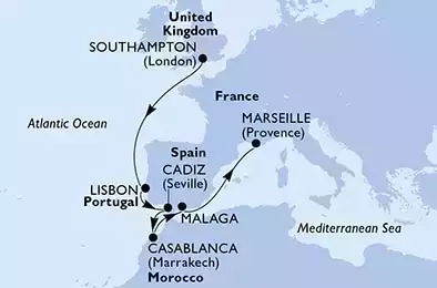 Southampton,Lisbon,Cadiz,Casablanca,Malaga,Marseille