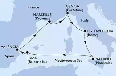 Civitavecchia,Palermo,Ibiza,Valencia,Marseille,Genoa,Civitavecchia
