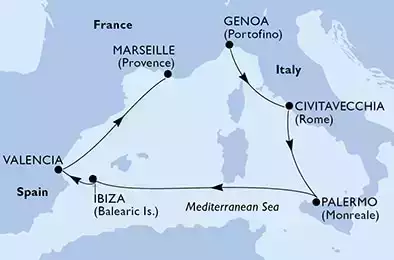Genoa,Civitavecchia,Palermo,Ibiza,Valencia,Marseille