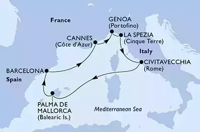 Genoa,La Spezia,Civitavecchia,Palma de Mallorca,Barcelona,Cannes,Genoa