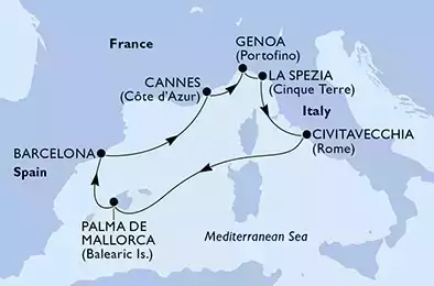 Civitavecchia,Palma de Mallorca,Barcelona,Cannes,Genoa,La Spezia,Civitavecchia