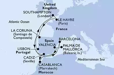 MSC VIRTUOSA - Itinerario di 15 notti partendo da SOUTHAMPTON, UNITED KINGDOM il 01/10/2022 - Regno Unito, Francia, Spagna, Marocco, Portogallo